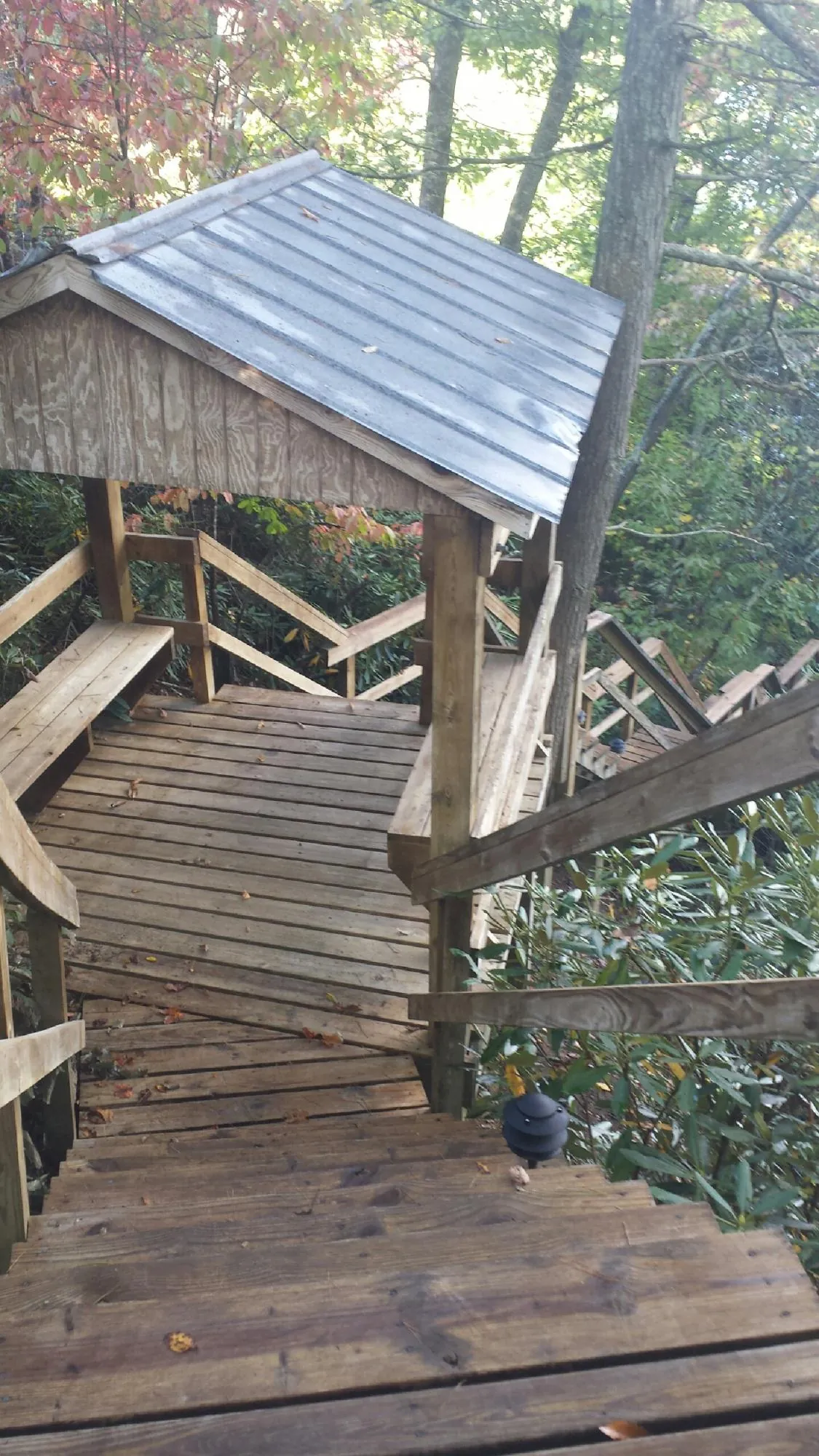 Metal roofed shelter over wooden steps on a wooded walkway — Skylight Repair & Installation work by our crew in Roebling